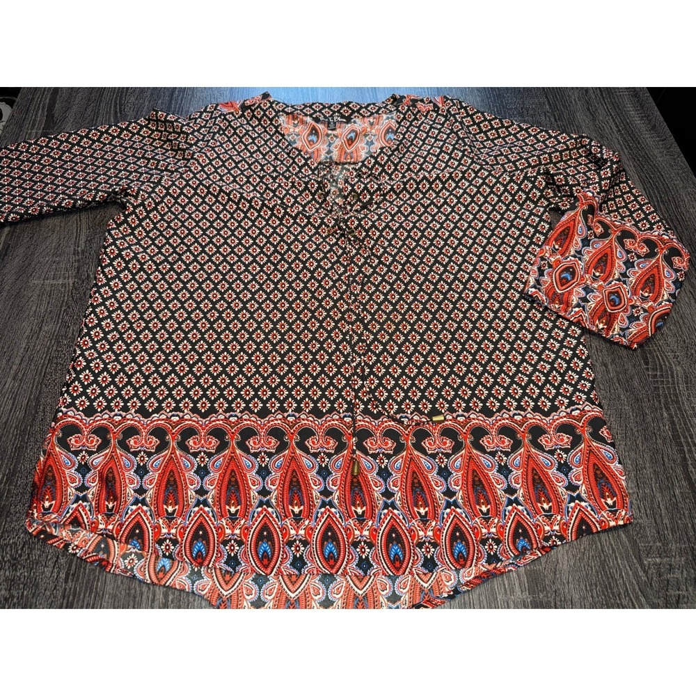 Time To Bloom 1X Boho Paisley Floral Print Long Sleeve Blouse Top Women's